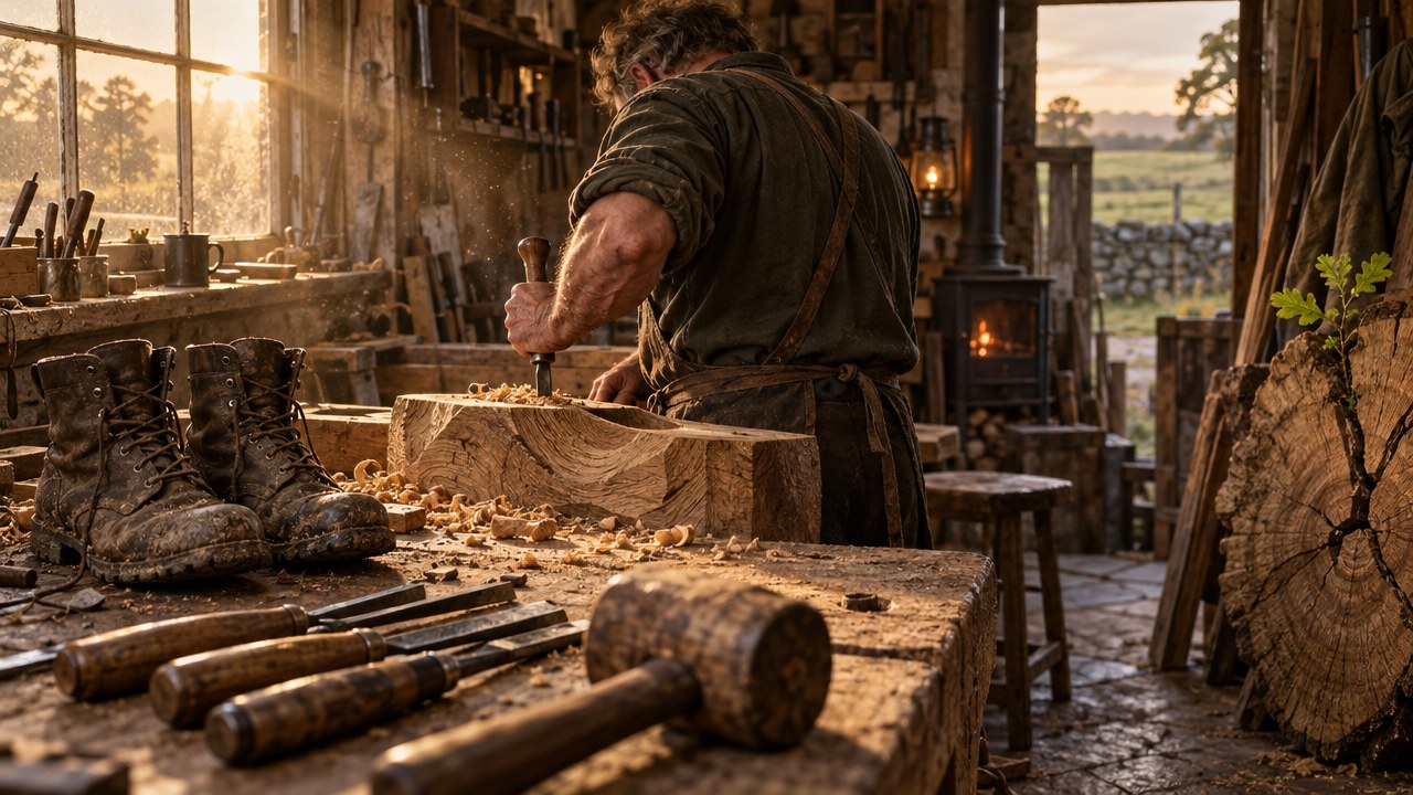 A woodworker at his bench in warm evening light, worn combat boots set to one side and a cracked oak log with a new green shoot in the corner