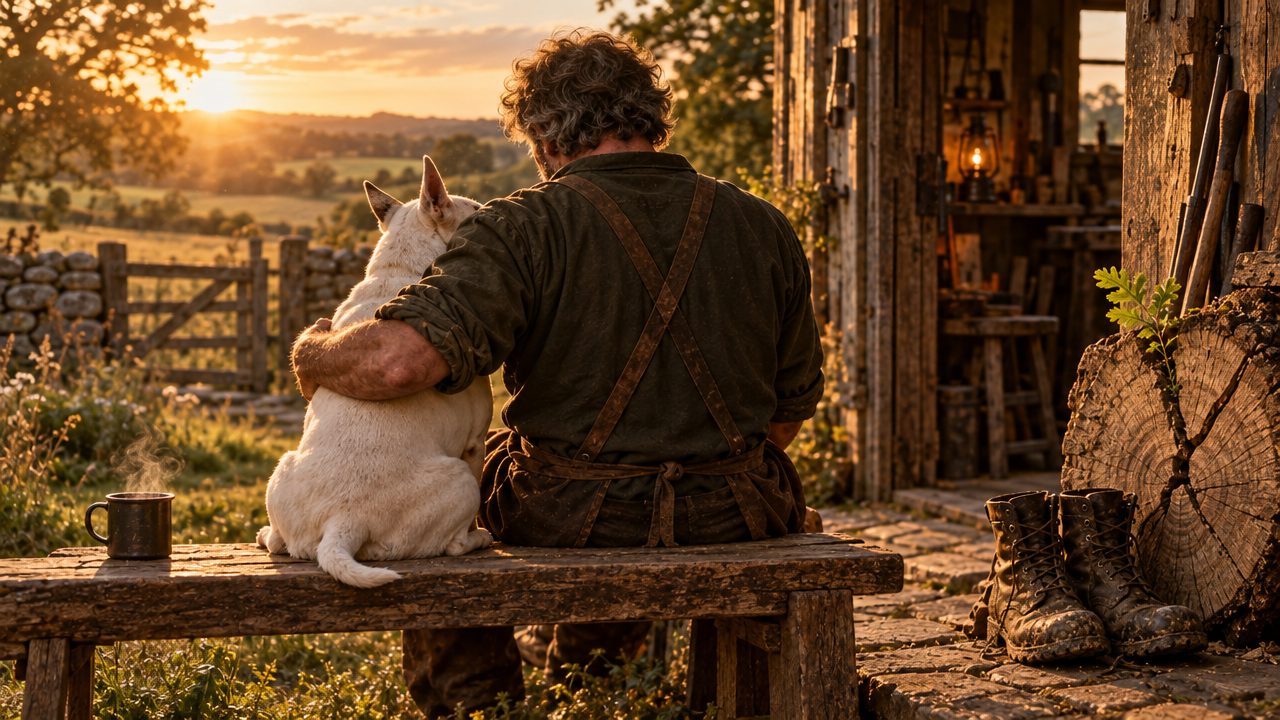 Tim, seen from behind, on the bench outside his workshop at sunset with his arm around his English Bull Terrier