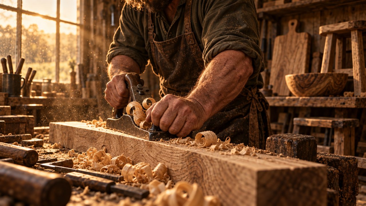 Scarred hands guiding a hand plane along an oak board, shavings curling off the bench