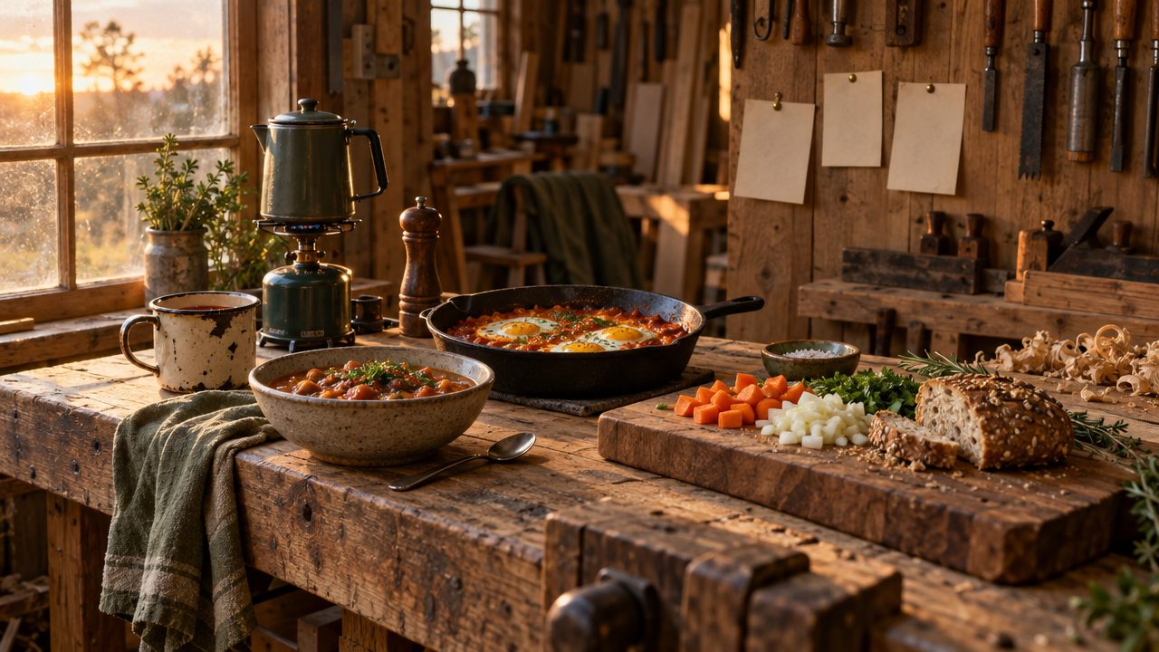 A bowl of stew, a pan of baked eggs and a chopping board of fresh veg on an oak workbench at the end of the workshop