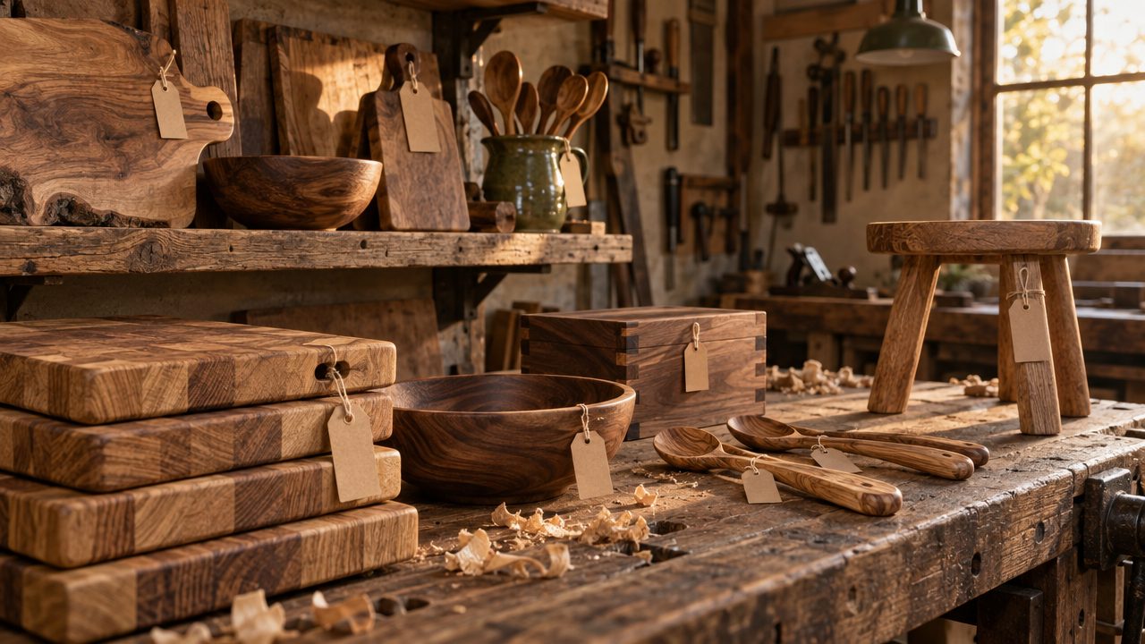 Handmade oak chopping boards, a walnut bowl, carved spoons, a small stool and a dovetailed box on old shelves in the workshop