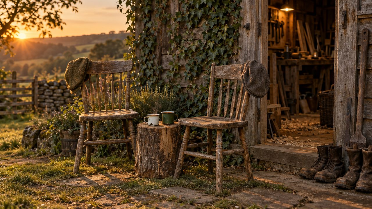 Two old wooden chairs side by side outside the workshop at sunset, with two mugs of tea on a log between them