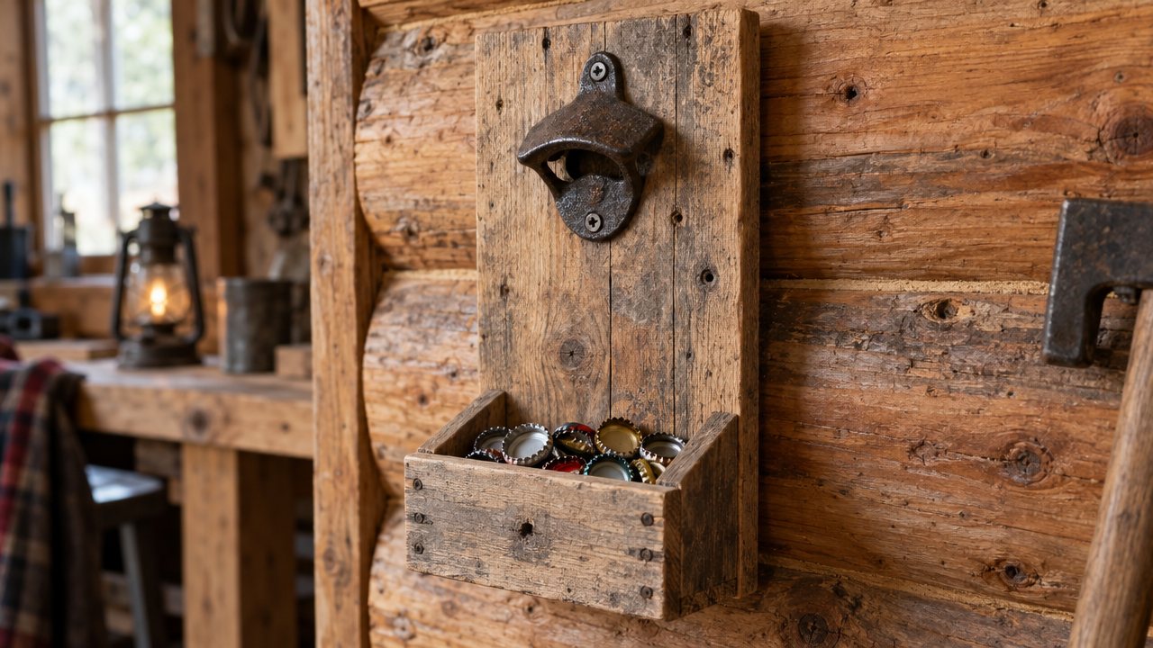 A wall-mounted bottle opener on a pallet board with a small box catching bottle caps