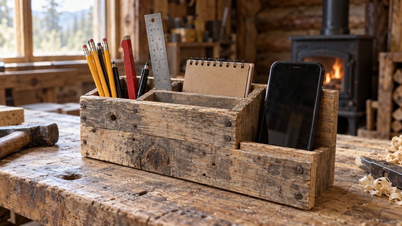 A pallet-wood desk tidy holding pencils, a steel rule, a notebook and a phone on a workbench