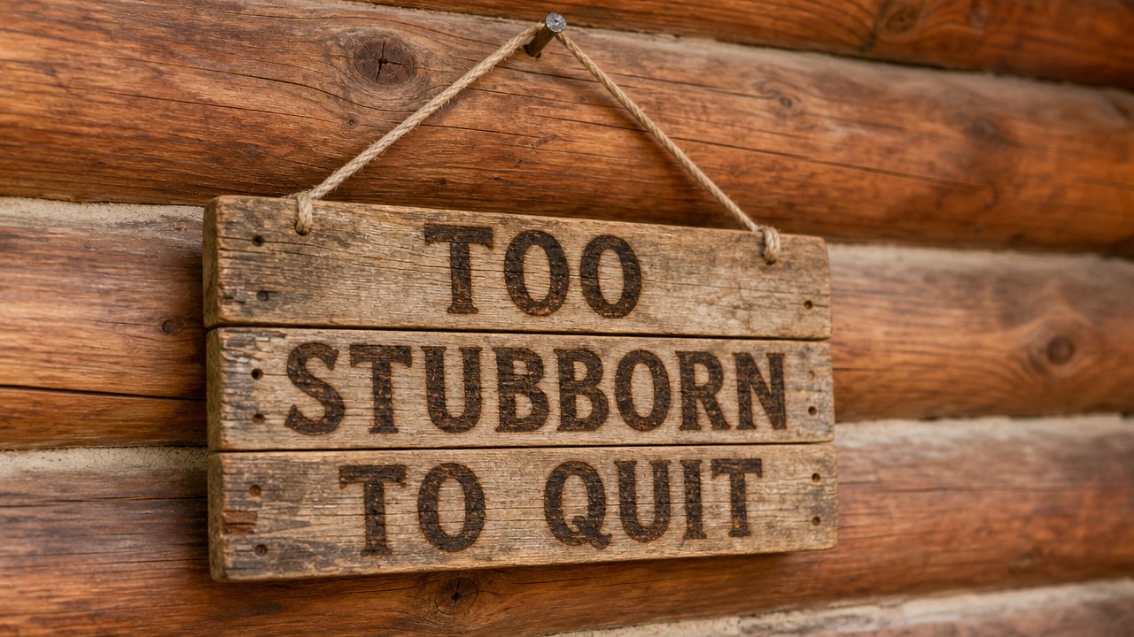 A hanging sign of three pallet planks on a jute rope with Too Stubborn To Quit wood-burned across it