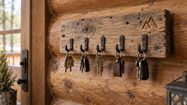 A reclaimed pallet-wood key holder with black iron hooks holding house keys on a log-cabin wall