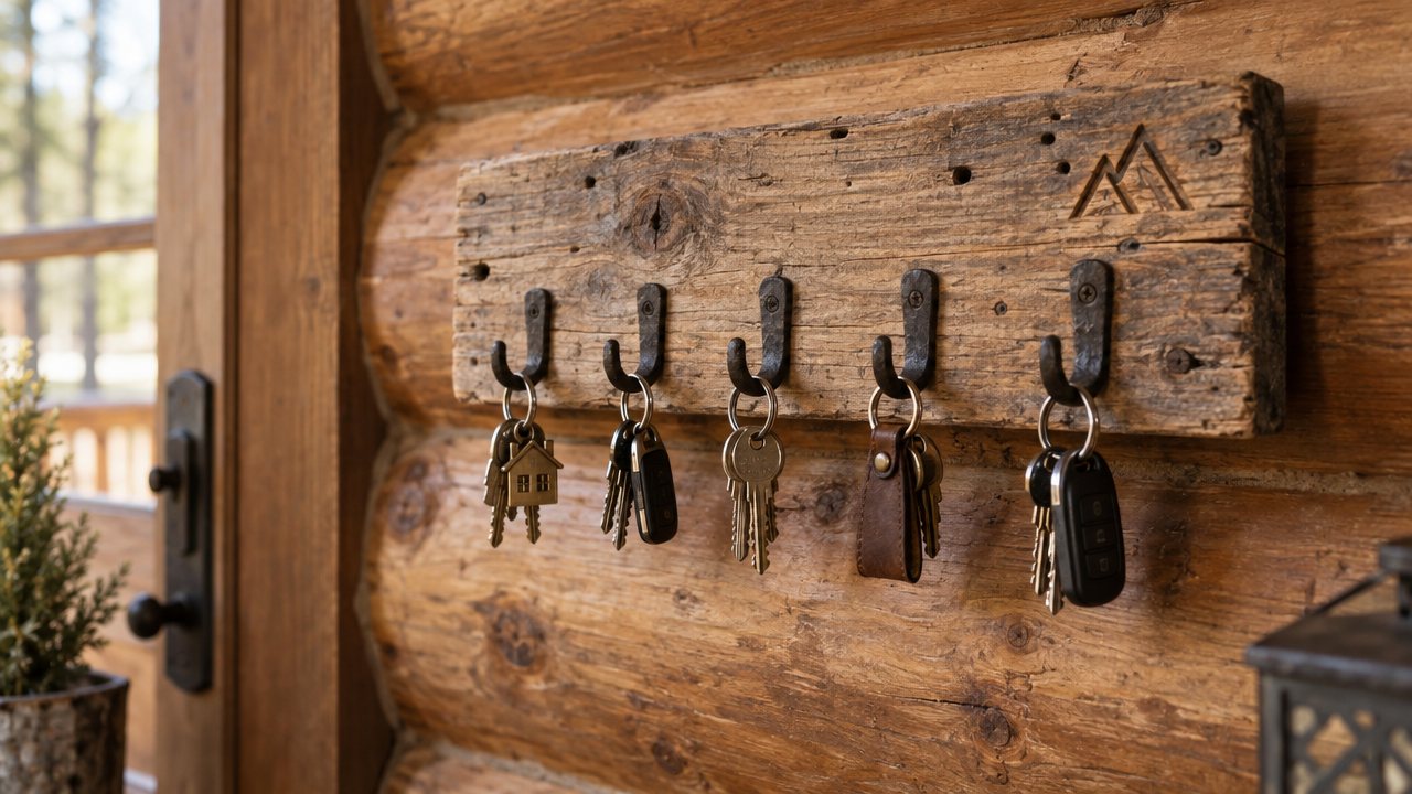 A reclaimed pallet-wood key holder with black iron hooks holding house keys on a log-cabin wall