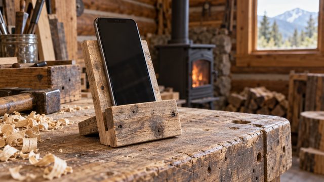 A slot-together pallet-wood stand holding a phone upright on a workbench with wood shavings