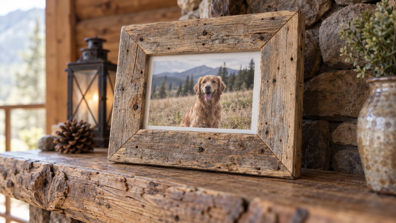 A chunky reclaimed pallet-wood photo frame holding a picture of a happy dog on a mantelpiece